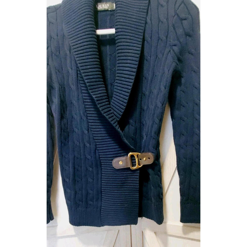 Lauren Ralph Lauren Cable Knit Buckled Cardigan Sweater Navy Blue Women’s XS - Picture 2 of 6